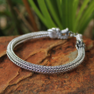 Sterling silver chain bracelet, 'Naga Symmetry' - Sterling Silver Dragon Motif Chain Bracelet