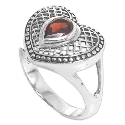 Garnet cocktail ring, 'Bali Heart in Red' - Sterling Silver and Garnet Heart Shaped Cocktail Ring