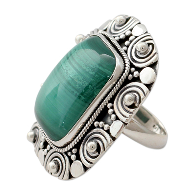 Malachite cocktail ring, 'Ancient Forest' - Indian Malachite Cocktail Ring in 925 Sterling Silver