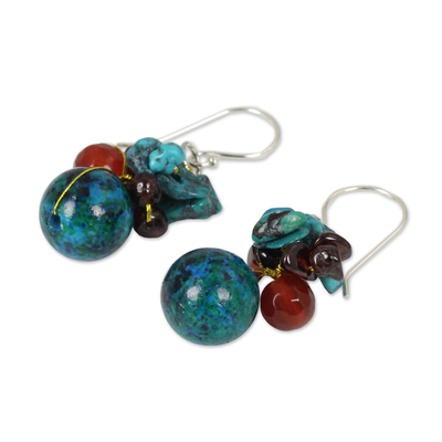 Garnet and carnelian cluster earrings, 'Tropical Orchard' - Serpentine and Garnet Beaded Dangle Earrings