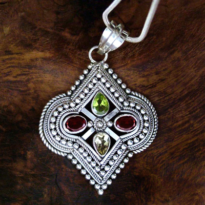 Multi-gemstone pendant necklace, 'Mughal Crest' - Multi-Gemstone Pendant Necklace