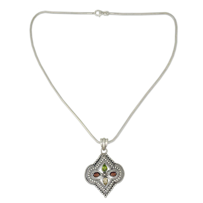 Multi-gemstone pendant necklace, 'Mughal Crest' - Multi-Gemstone Pendant Necklace