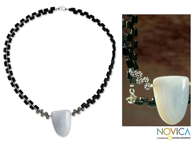 Onyx and agate pendant necklace, 'Black and White' - Onyx and Agate Pendant Necklace
