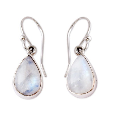 Rainbow moonstone dangle earrings, 'Luminous Light' - Rainbow Moonstone Earrings India Sterling Silver jewellery