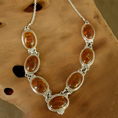 Resin pendant necklace, 'Honey Drops' - Resin and Sterling Silver Pendant Necklace