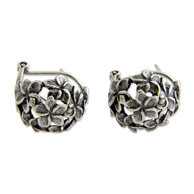 Sterling silver flower earrings, 'Geraniums' - Floral Sterling Silver Half Hoop Earrings