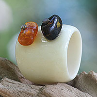Amber cocktail ring, 'Coral Island' - Handcrafted Amber and Cow Bone Cocktail Ring