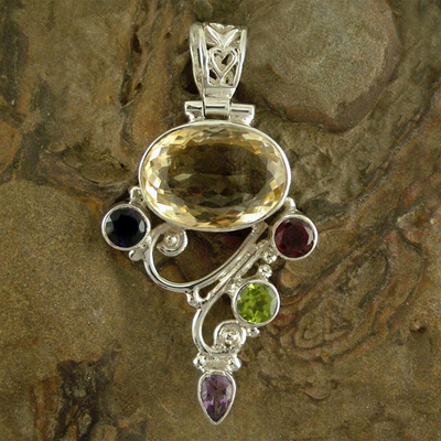 Multi-gemstone pendant, 'Crown Jewels' - Multi-gemstone Pendant from India