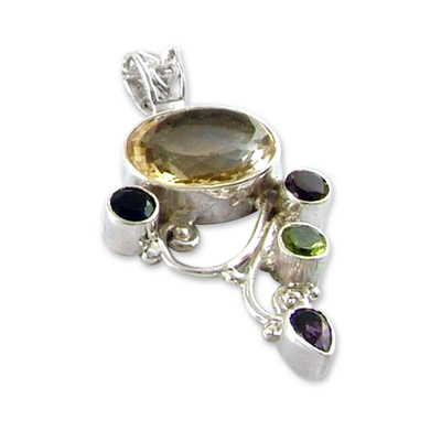 Multi-gemstone pendant, 'Crown Jewels' - Multi-gemstone Pendant from India