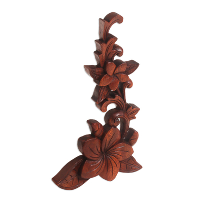 Wood relief wall panel, 'Touch of Jepun' - Hand Carved Suar Wood Relief Panel of Frangipani