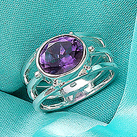 Amethyst single stone ring, 'Twilight Mood' - 4-carat Amethyst on Sterling Silver Ring Pisces Jewelry