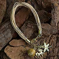 Palm and golden grass charm bracelet, 'Natural World' - Palm and Gold Plated Horse and Dragonfly Charm Bracelet