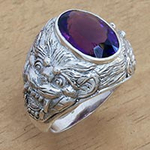 Barong Theme Men's Sterling Silver and Amethyst Ring, 'Benevolent Barong'