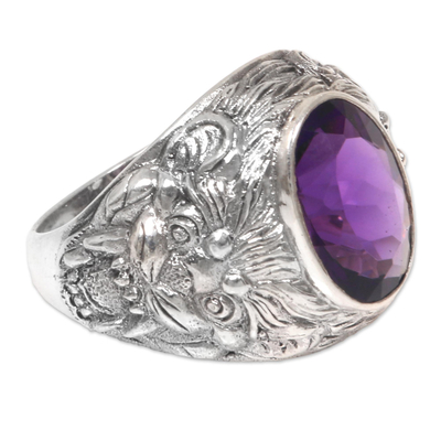 Amethyst men's ring, 'Benevolent Barong' - Barong Theme Men's Sterling Silver and Amethyst Ring