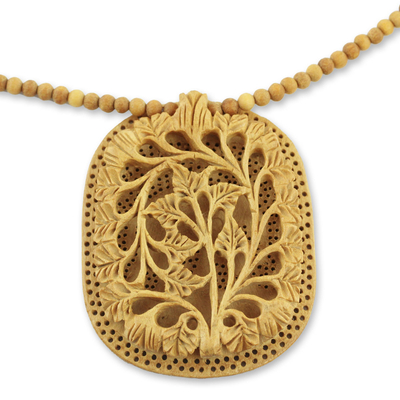 Wood flower necklace, 'Elephant Shadow' - Hand Made Indian Floral Wood Pendant Necklace