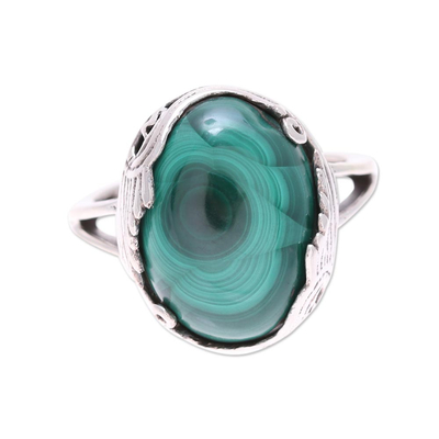 Malachite cocktail ring, 'Alluring Green' - Sterling Silver Green Malachite Art Deco Cocktail Ring