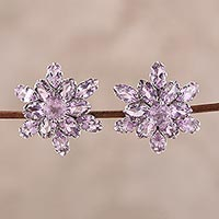 Rhodium plated amethyst button earrings, 'Purple Burst'