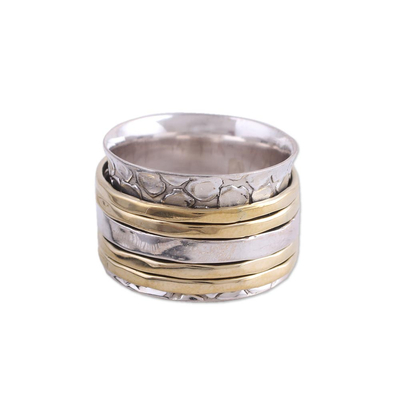 Sterling silver meditation spinner ring, 'Five Rotations' - Handmade Sterling Silver and Brass Spinner Ring from India