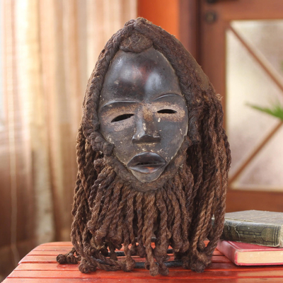 Máscara africana de madera y yute - Máscara de madera de Liberia