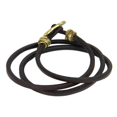 Leather and brass wrap bracelet, 'Chocolate Golden Nugget' - Women's Brown Leather Wrap Bracelet Brass Jewelry