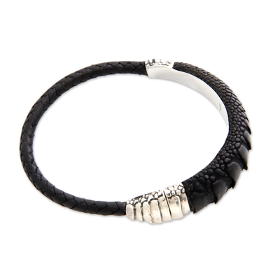 Sterling Silver and Leather Braided Bracelet (6 inch), 'Black Serpent