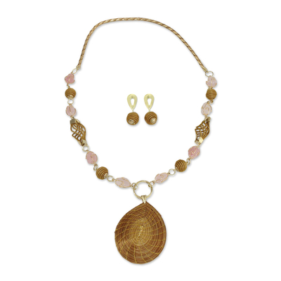 Golden grass and rose quartz flower jewelry set, 'Rio Romance' - Fair Trade Natural Golden Grass and Rose Quartz Jewelry Set