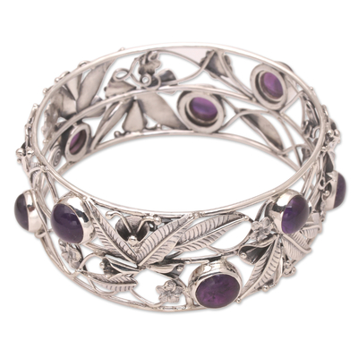 Amethyst flower bracelet, 'Lilac Frangipani' - Artisan Crafted Floral Sterling Silver and Amethyst Bangle