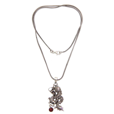 Men's garnet necklace, 'Dragon's Ball' - Men's Fair Trade Sterling Silver and Garnet Necklace