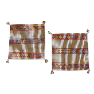 Cotton cushion covers, 'Triangle Stripes in Brown' (pair) - Striped Geometric Cotton Cushion Covers in Brown (Pair)