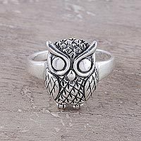 Sterling silver cocktail ring, 'Night King' - Sterling Silver Owl Cocktail Ring from India