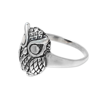 Sterling silver cocktail ring, 'Night King' - Sterling Silver Owl Cocktail Ring from India