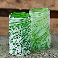 Hand blown drinking glasses, 'Festive Green' (set of 6) - Set of 6 Green Artisan Crafted Hand Blown Glasses