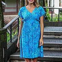 Batik rayon dress, 'Java Twilight' - Artisan Crafted Fresh Blue Batik Rayon Short Dress