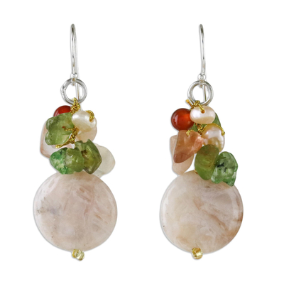 Multi-gemstone dangle earrings, 'Thai Joy' - Multi-Gemstone Beaded Cluster Earrings from Thailand