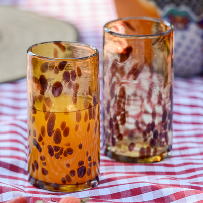 Drinking glasses, 'Tall Tortoise Shell' (set of 6) - Six Water Glasses Handblown Recycled Glass Drinkware Mexico