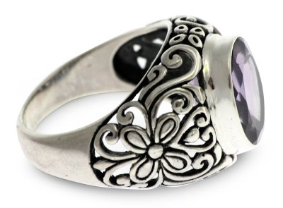 Amethyst solitaire ring, 'Mythical Oasis' - Floral Sterling Silver and Amethyst Ring