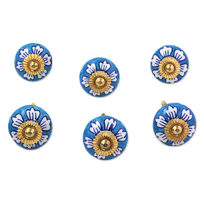 Möbelknöpfe aus Keramik, (6er-Set) - Keramik-Möbelknöpfe, Blumenmuster, Blau, Weiß (6er-Set), Indien