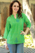 Cotton tunic, 'Lapis Paisley' - Block Print Green Cotton Tunic Top