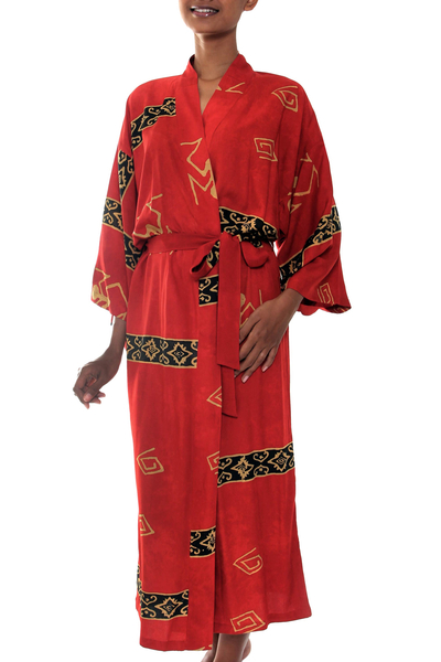 Women's batik robe, 'Cardinal Red' - Women's Artisan Crafted Batik Patterned Cardinal Red Robe