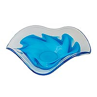 Art glass centerpiece, 'Cerulean Flow' - Hand Blown Blue Glass Decorative Centerpiece from Brazil