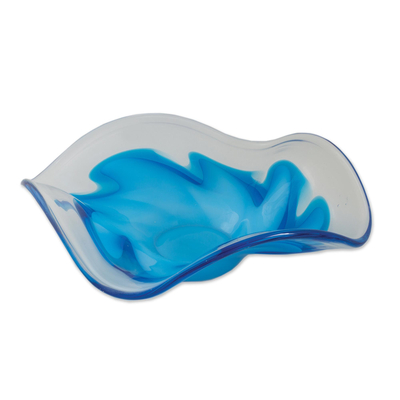 Art glass centrepiece, 'Cerulean Flow' - Hand Blown Blue Glass Decorative centrepiece from Brazil