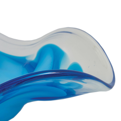 Art glass centerpiece, 'Cerulean Flow' - Hand Blown Blue Glass Decorative Centerpiece from Brazil