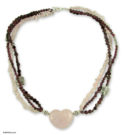 Rose quartz and garnet heart necklace, 'All Love' - Rose Quartz and Garnet Heart Necklace