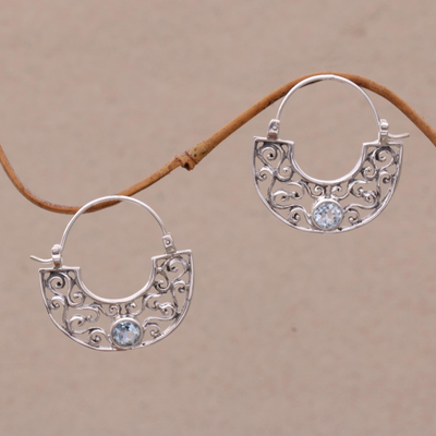 Blue topaz hoop earrings, 'Blue Jasmine' - Handcrafted Sterling Silver and Blue Topaz Earrings