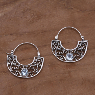 Blue topaz hoop earrings, 'Blue Jasmine' - Handcrafted Sterling Silver and Blue Topaz Earrings