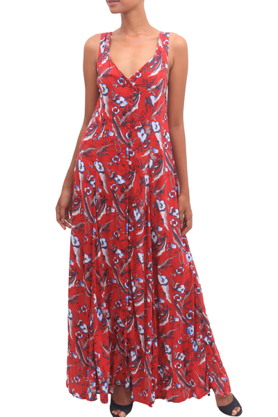 Rayon-Sommerkleid mit Knöpfen - Geblümtes Rayon-Sommerkleid mit Knöpfen in Erdbeere aus Bali