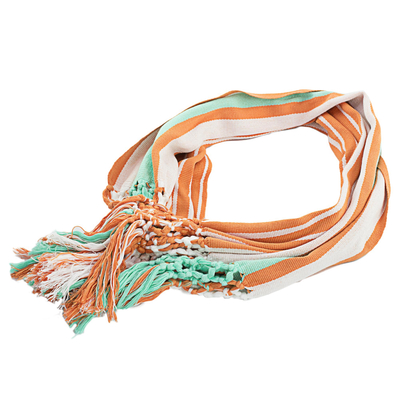 Cotton infinity scarf, 'Exuberant Beauty in Coral' - Orange and Mint Striped Cotton Infinity Scarf with Fringe