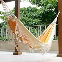 Cotton hammock, 'Brazilian Beach' (double) - Yellow Cotton Hammock from Brazil (Double)