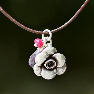 Amethyst and ruby pendant necklace, 'Rose of Sharon' - Pendant Choker with Silver Flower and Amethyst