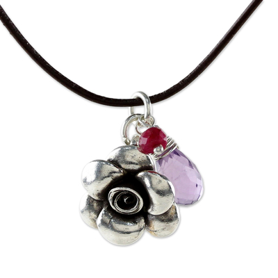 Amethyst and ruby pendant necklace, 'Rose of Sharon' - Pendant Choker with Silver Flower and Amethyst